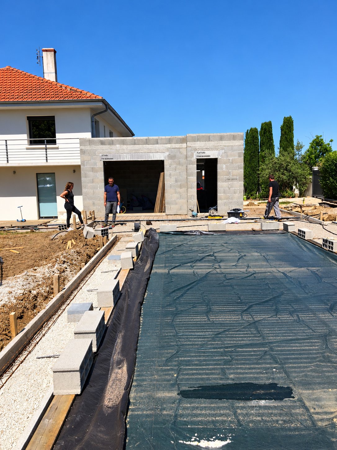 Chantier d'une piscine en cours de construction, recouverte d'une bâche noire, avec trois personnes devant un bâtiment en parpaings à côté d'une maison à toit de tuiles rouges.