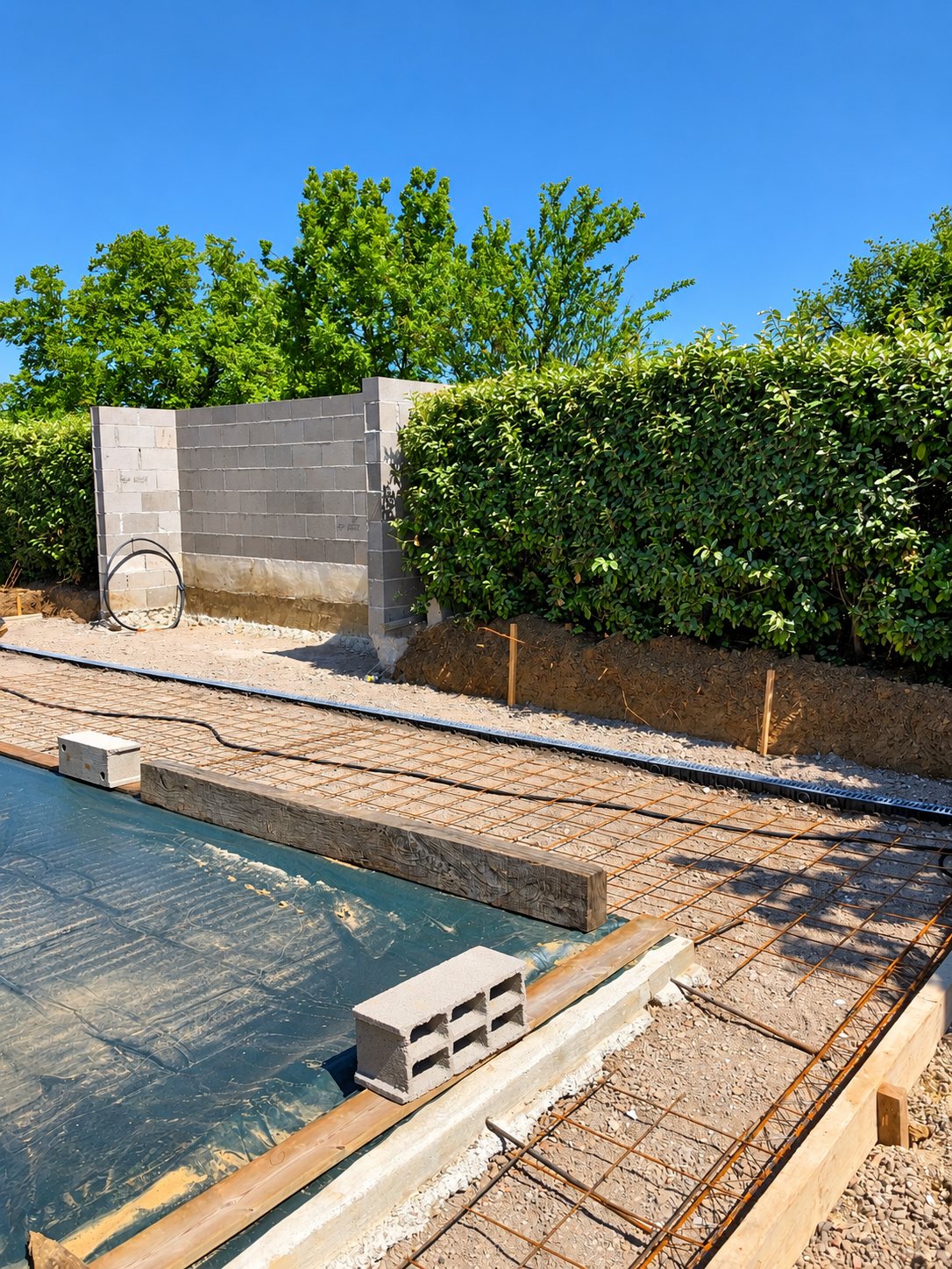 Chantier extérieur avec treillis d'armature posé au sol, bâche verte, coffrage en bois et mur en parpaings devant une haie.