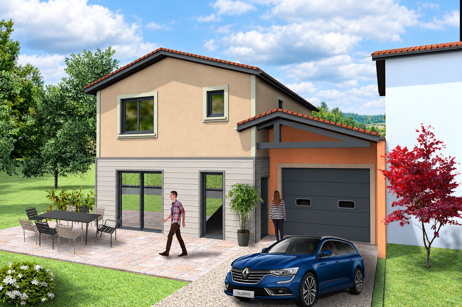 Rendu 3D d'une maison à étage aux façades beige et orange avec garage, terrasse meublée, deux personnes et une voiture bleue dans l'allée.