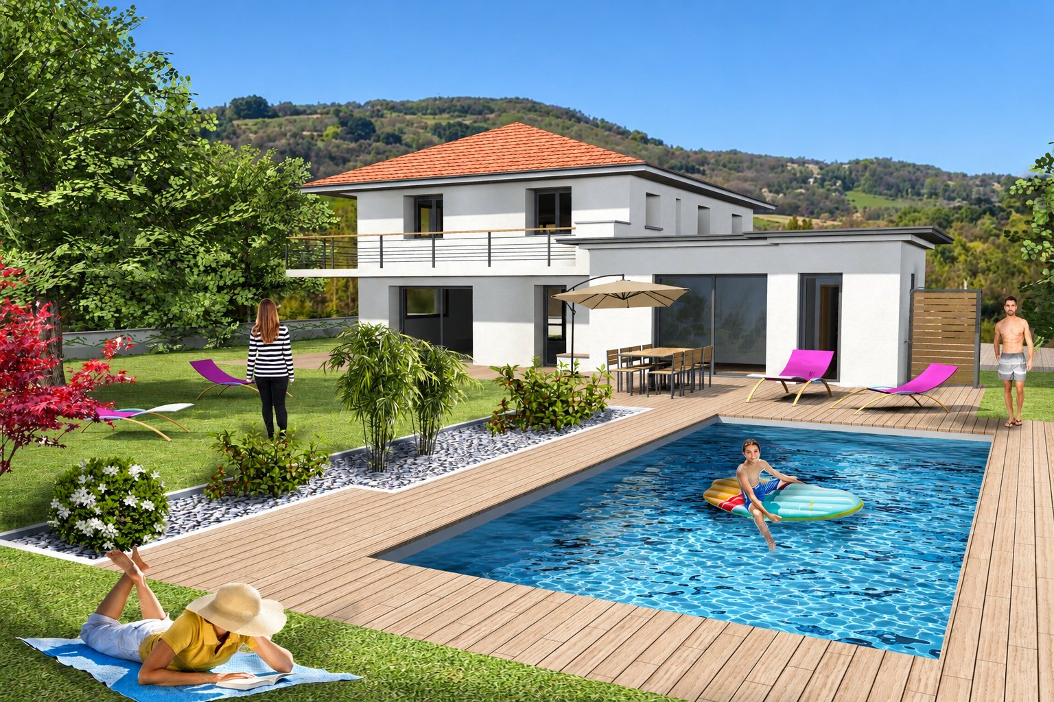 Image de synthèse d'une maison moderne à toit de tuiles orangées avec une piscine rectangulaire, une terrasse en bois, des transats roses et des personnes qui se détendent dans le jardin.