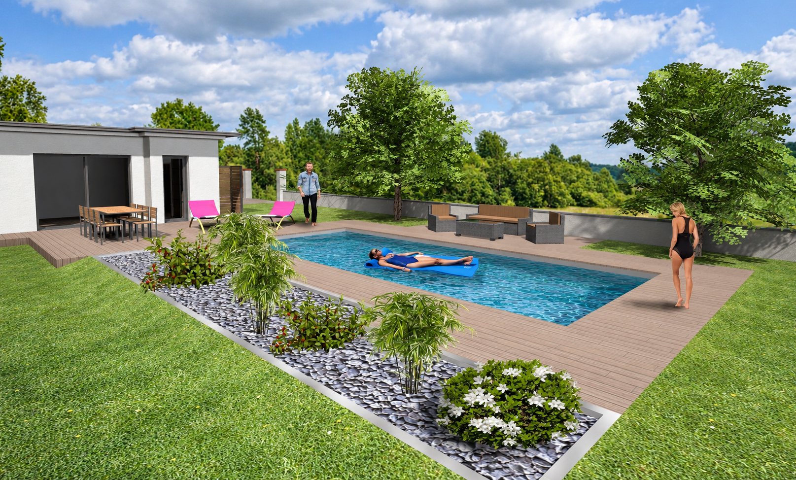 Image de synthèse d'un jardin avec une piscine rectangulaire entourée d'une terrasse en bois, d'un massif de galets et de plantes, d'un salon de jardin et d'une maison moderne.
