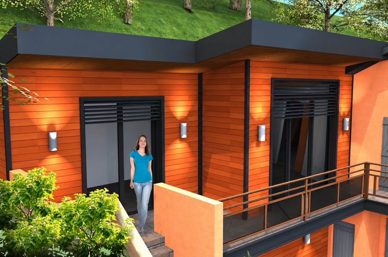 Rendu 3D d'une maison moderne à bardage bois orange et toit végétalisé, avec une jeune femme en t-shirt bleu devant une grande porte vitrée.