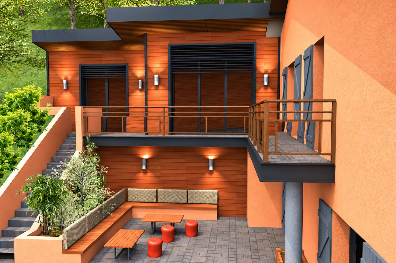 Rendu en 3D d'une maison à façade de bois orangé avec un balcon, un escalier et une terrasse équipée d'une banquette, de tables basses et de poufs orange.