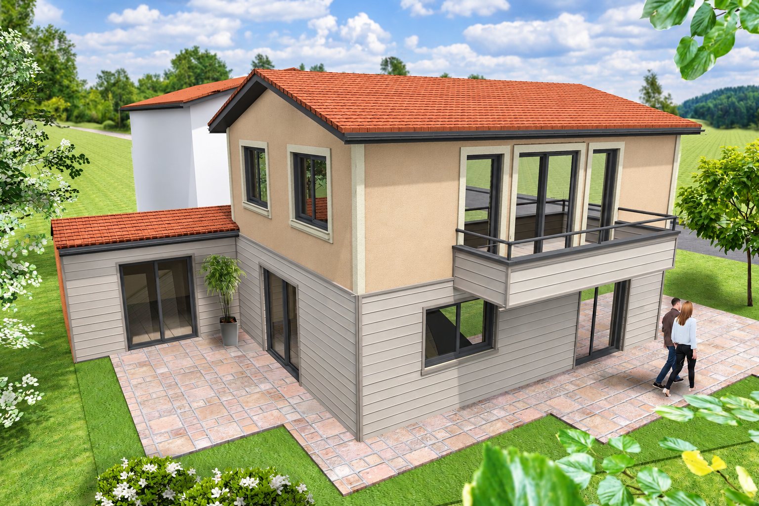 Image de synthèse d'une maison à étage aux façades beige et bardage gris, avec balcon, toit en tuiles rouges, terrasse pavée et deux personnes qui marchent dans le jardin.