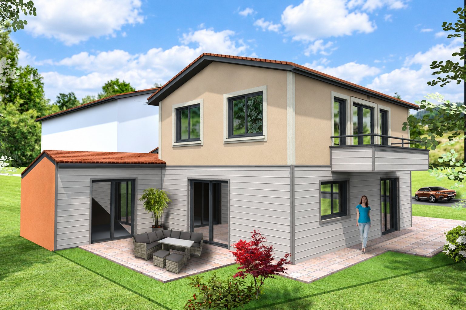 Image de synthèse d'une maison à étage aux façades beige et bardage gris, avec balcon, terrasse dallée, salon de jardin et une femme debout devant.