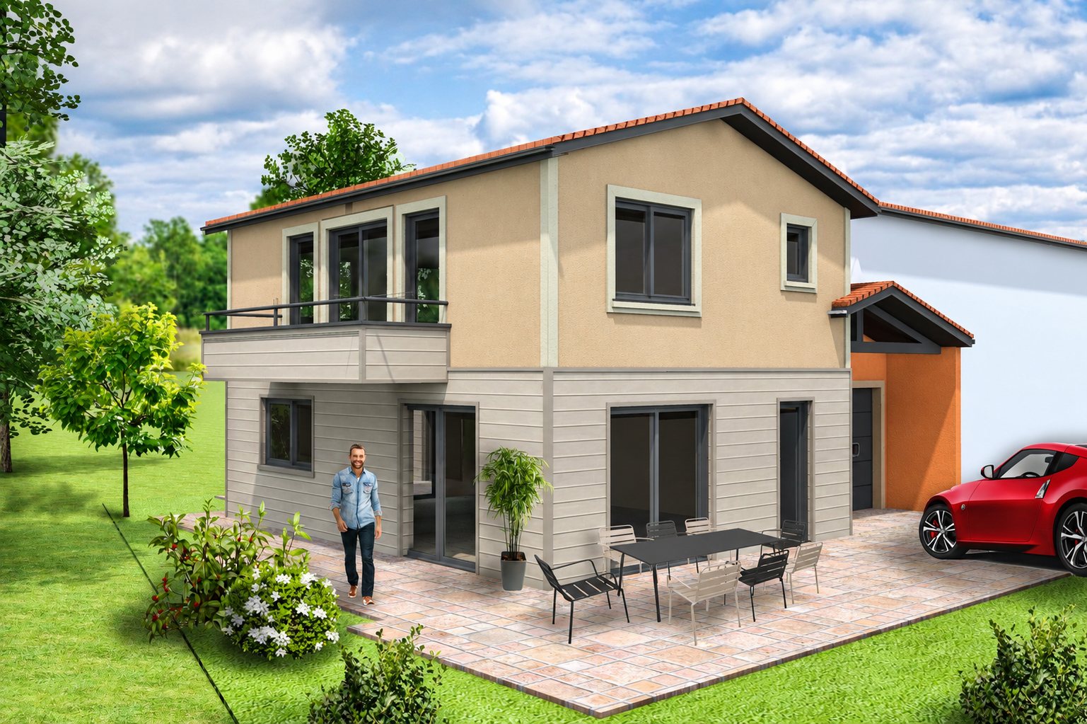 Image de synthèse d'une maison à étage avec balcon, façade beige et grise, terrasse dallée avec table et chaises, un homme devant et une voiture rouge à droite.