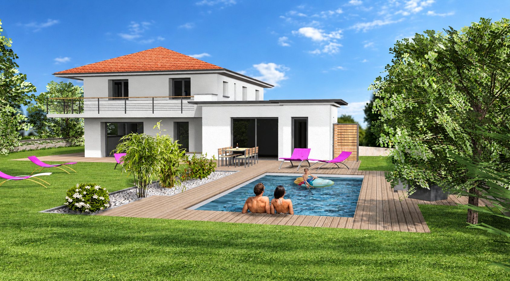 Image de synthèse d'une maison contemporaine à toit orange avec piscine rectangulaire, terrasse en bois, transats roses et jardin arboré.