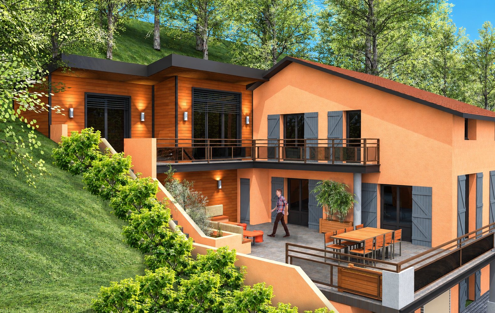 Image de synthèse d'une maison à façade orange et bardage bois construite à flanc de colline, avec une terrasse meublée d'une table et de chaises, entourée d'arbres.