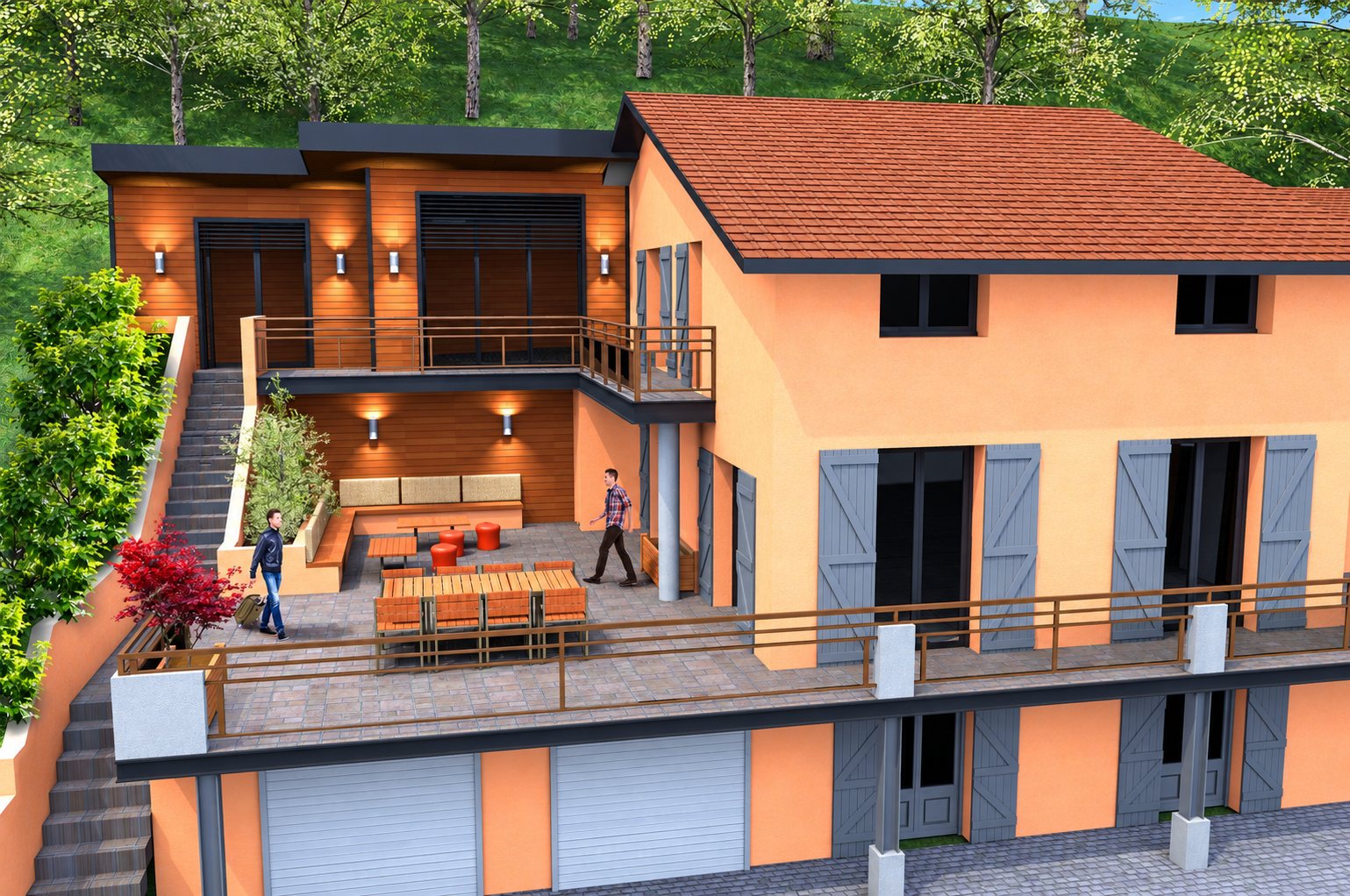 Image de synthèse d'une maison aux façades orange et volets gris, avec une grande terrasse meublée d'une table en bois, un escalier latéral et deux garages en contrebas.