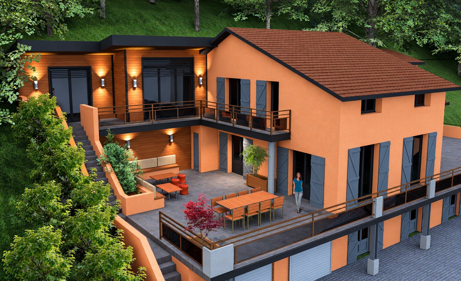 Image de synthèse d'une maison aux façades orange et aux volets gris, dotée d'une grande terrasse avec table et salon d'extérieur, construite sur un terrain en pente boisé.