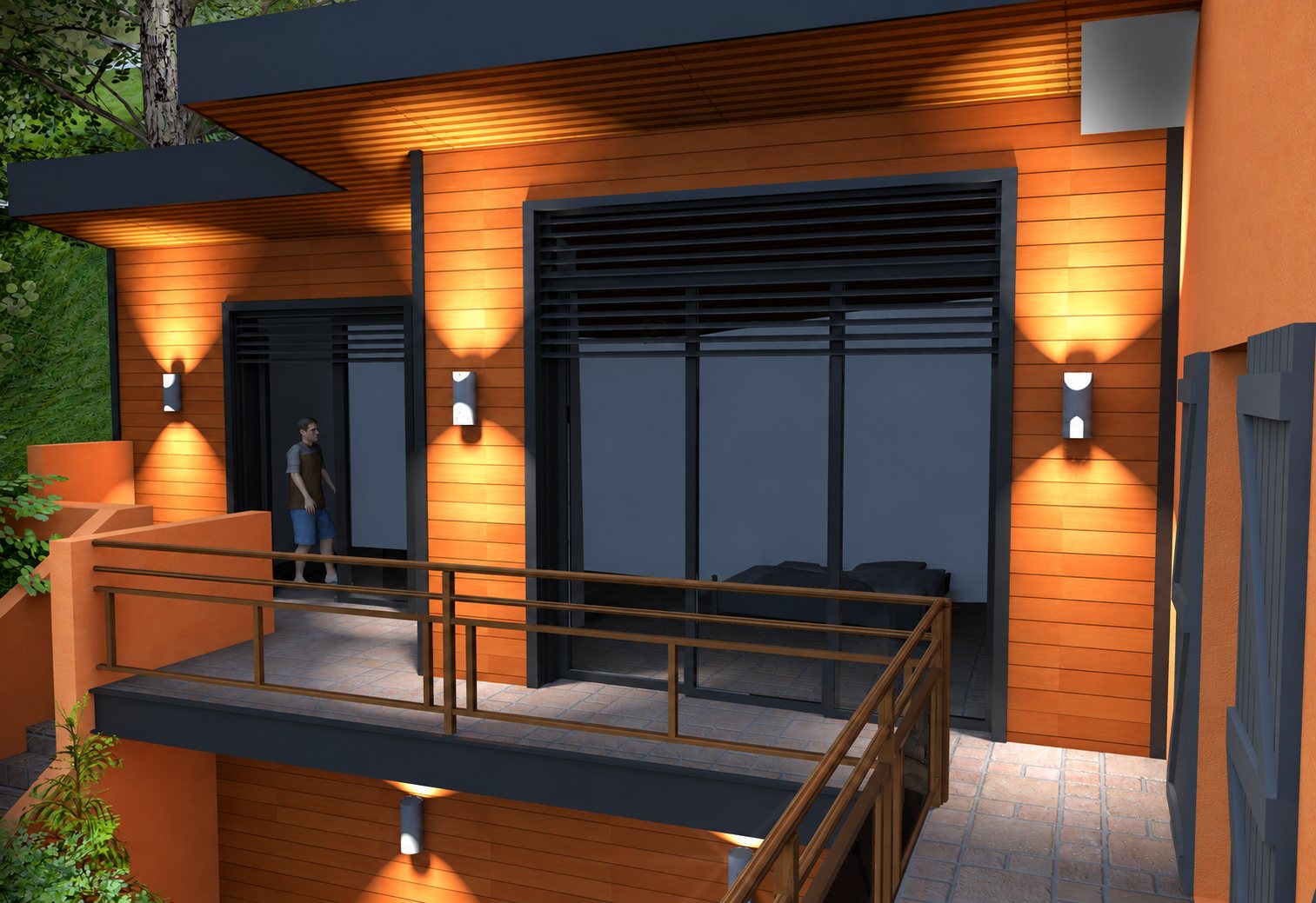 Rendu 3D d'une maison au bardage en bois orangé avec terrasse, garde-corps métallique et appliques murales qui projettent de la lumière vers le haut et vers le bas à la tombée de la nuit.