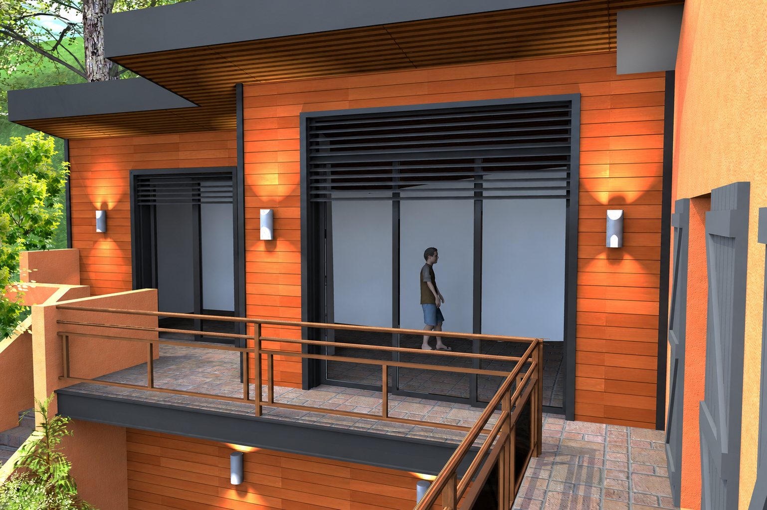 Rendu 3D d'une maison moderne à façade de bois orangé avec grande baie vitrée, terrasse carrelée, garde-corps métallique et appliques lumineuses.