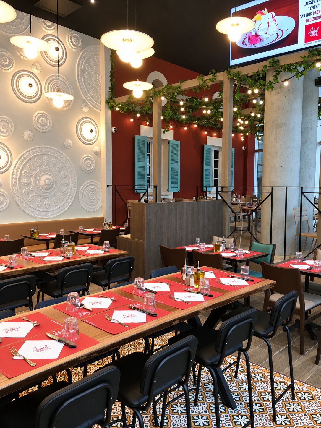 Salle de restaurant avec longues tables, sets de table rouges, chaises noires et mur blanc texturé.